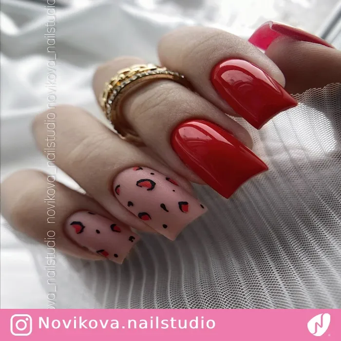 Matte and Glossy Red Leopard Print Nails